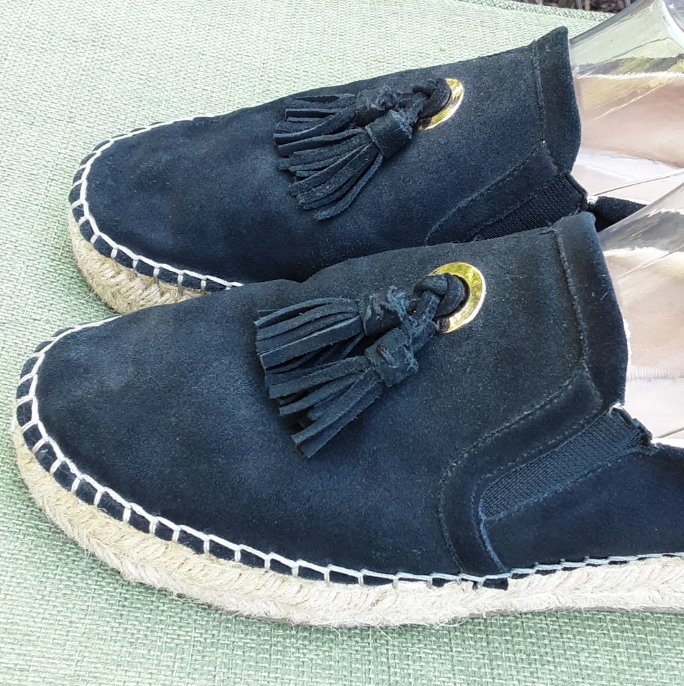 J/Slides NYC Black Suede Espadrille Slip-on Shoe with TasselDetail.